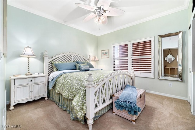 bedroom with ceiling fan, ornamental molding, and light carpet