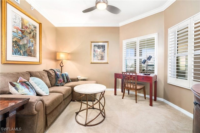 carpeted living room with ceiling fan and crown molding