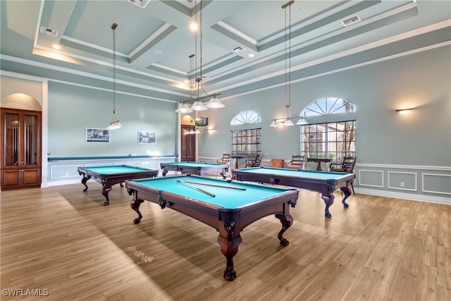 playroom featuring a high ceiling, light wood-type flooring, coffered ceiling, and pool table