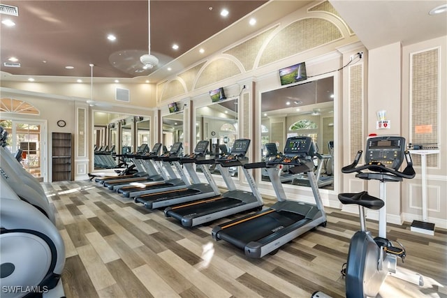 workout area featuring lofted ceiling, ceiling fan, and light hardwood / wood-style floors