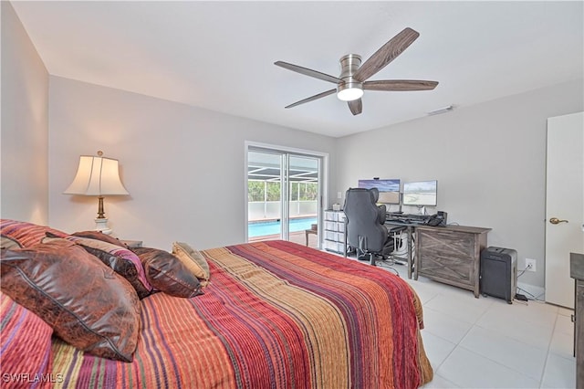 bedroom with light tile patterned floors, ceiling fan, and access to outside