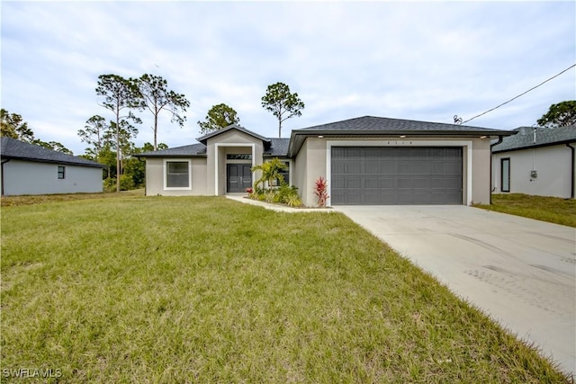 ranch-style home with a garage and a front yard