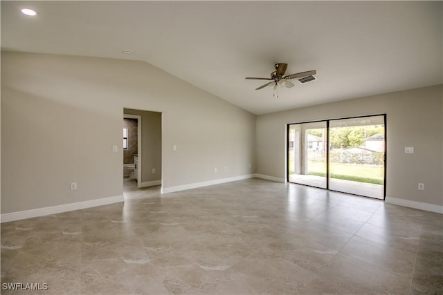 spare room featuring ceiling fan and lofted ceiling