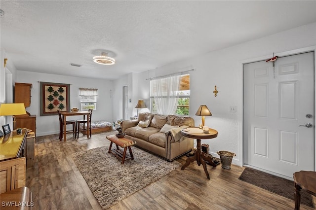 living room with a textured ceiling and dark hardwood / wood-style flooring