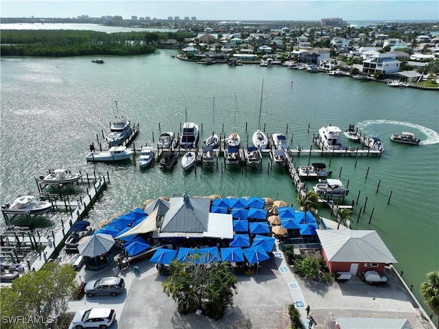 bird's eye view with a water view