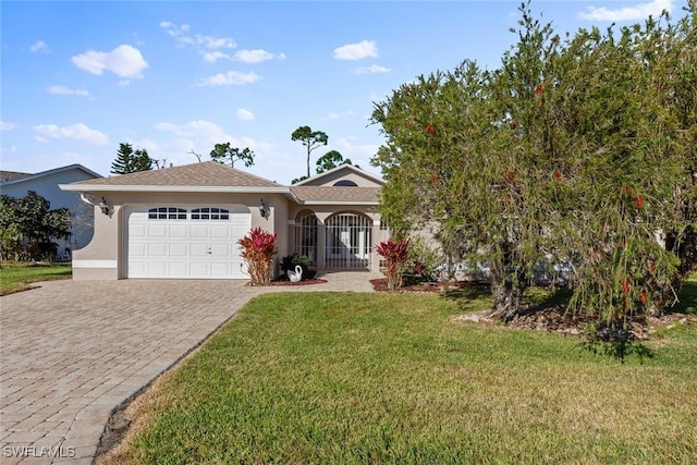 view of front of home featuring a garage and a front lawn