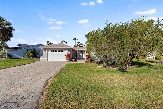 view of front of home with a garage and a front lawn