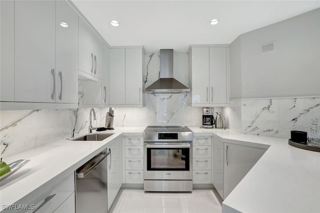 kitchen with wall chimney range hood, sink, stainless steel appliances, white cabinets, and decorative backsplash