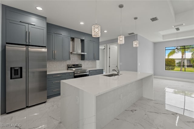 kitchen with wall chimney exhaust hood, a center island with sink, decorative backsplash, and stainless steel appliances