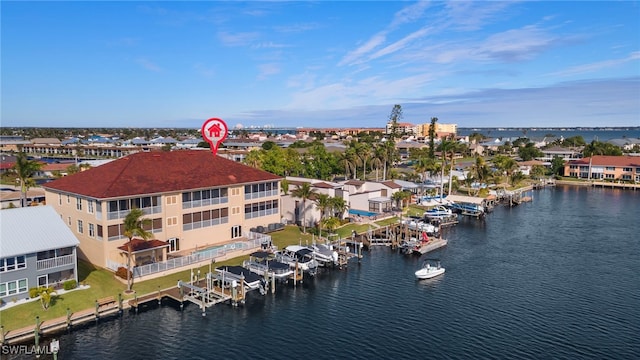 drone / aerial view featuring a water view