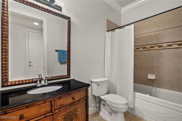 full bathroom with shower / bath combination with curtain, tile patterned flooring, vanity, toilet, and crown molding