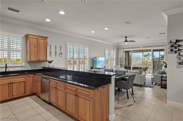 kitchen featuring dark stone countertops, sink, stainless steel dishwasher, and kitchen peninsula