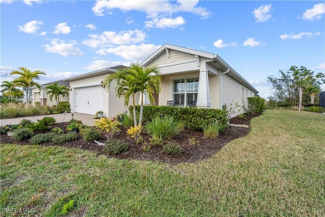 view of property exterior featuring driveway, a yard, an attached garage, and stucco siding