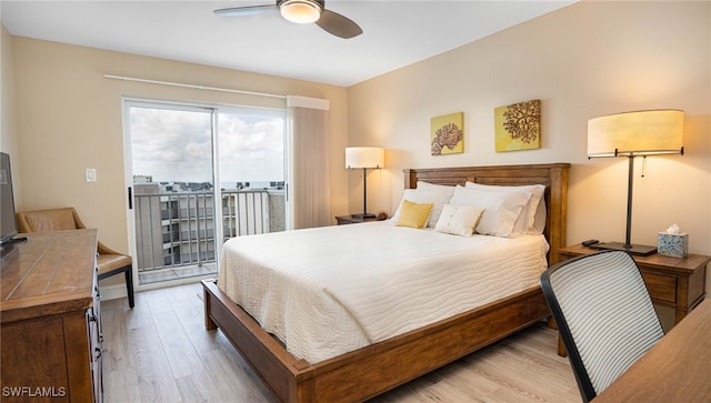 bedroom with access to outside, ceiling fan, and light hardwood / wood-style floors