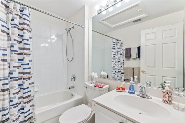 full bathroom with toilet, shower / tub combo, and vanity