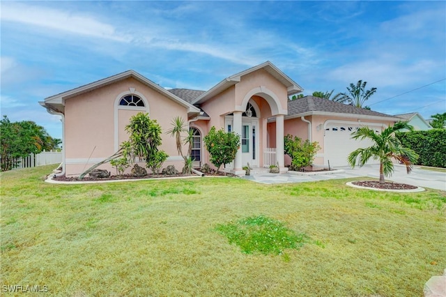 view of front of house featuring a garage and a front lawn