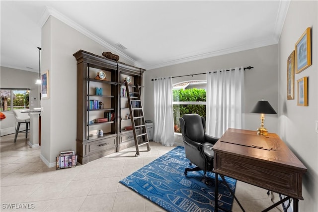 home office with light tile patterned floors, ornamental molding, and lofted ceiling