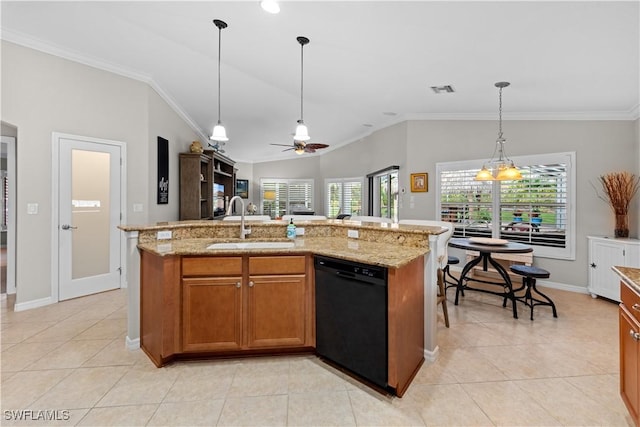 kitchen with lofted ceiling, ceiling fan, sink, black dishwasher, and an island with sink