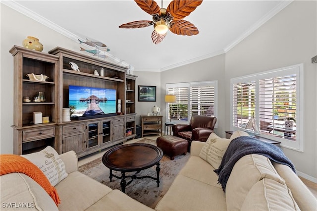 living room featuring lofted ceiling, ceiling fan, and crown molding