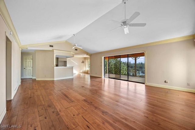 unfurnished living room with lofted ceiling, ceiling fan, and light hardwood / wood-style flooring