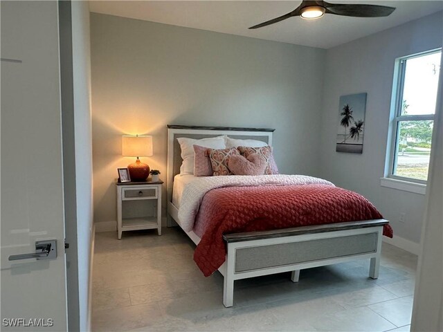 bedroom featuring ceiling fan and multiple windows