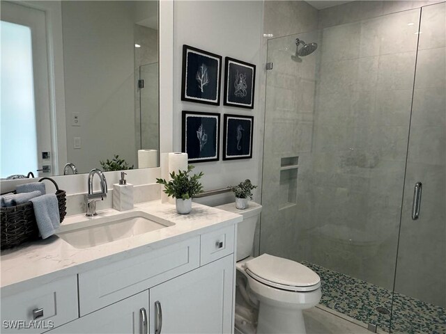 bathroom with toilet, vanity, and an enclosed shower