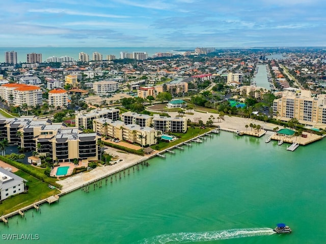 drone / aerial view with a water view