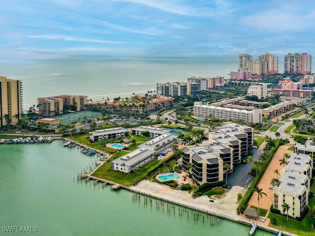 aerial view featuring a water view