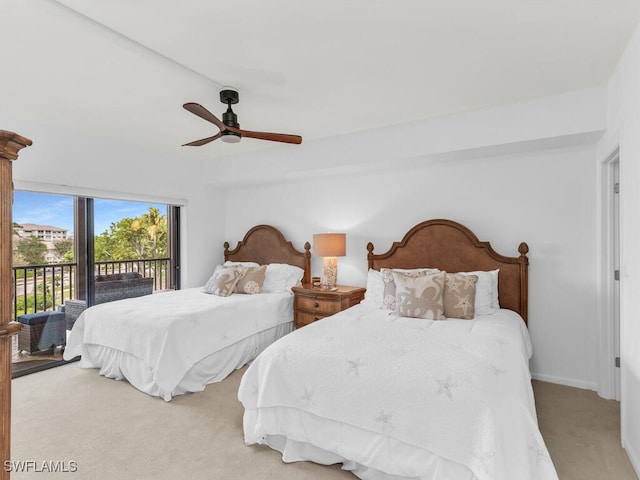 bedroom with carpet floors, access to outside, and ceiling fan