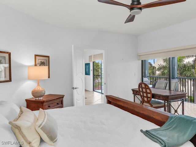 bedroom featuring ceiling fan, access to exterior, and light tile patterned flooring