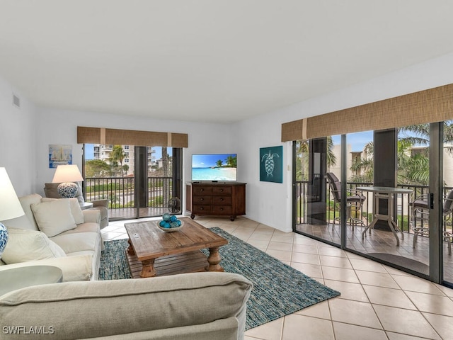 living room featuring light tile patterned floors