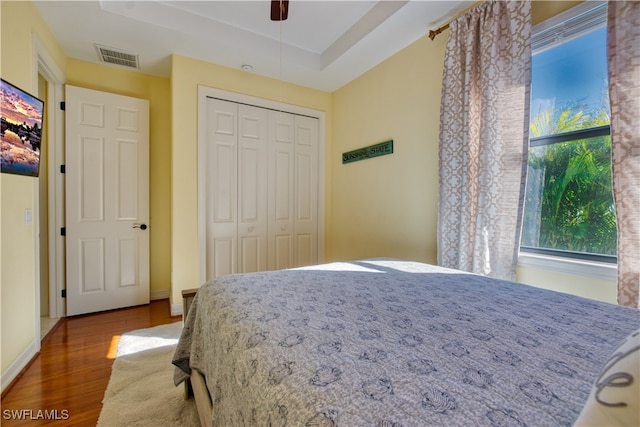 bedroom with ceiling fan, wood-type flooring, a tray ceiling, and a closet