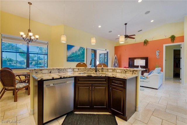 kitchen featuring dishwasher, sink, hanging light fixtures, a large island, and dark brown cabinets