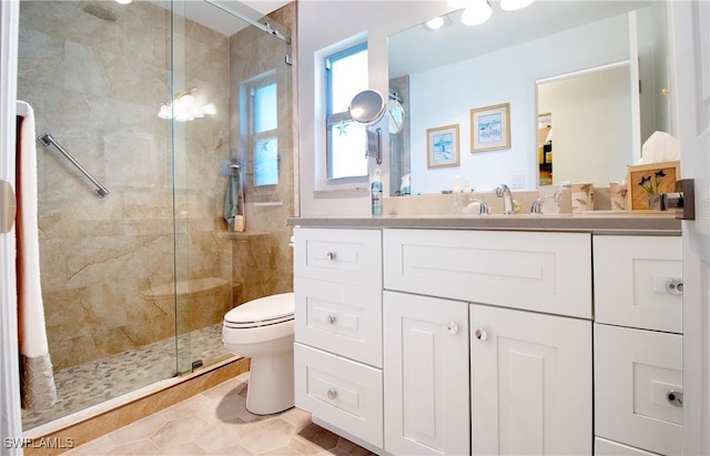 bathroom featuring vanity, toilet, and a shower stall