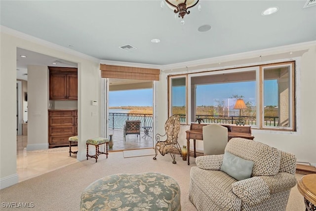 living area with a water view, plenty of natural light, and crown molding