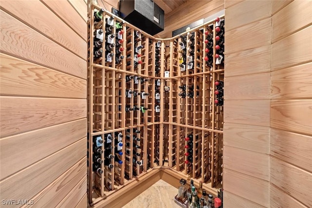 wine cellar featuring wood walls