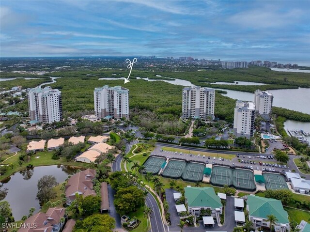 drone / aerial view featuring a water view