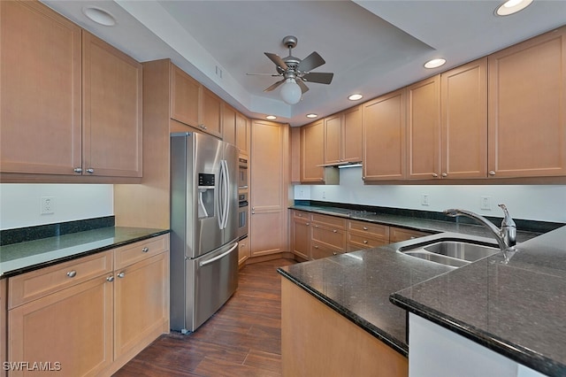 kitchen featuring sink, dark wood-type flooring, ceiling fan, stainless steel appliances, and a raised ceiling