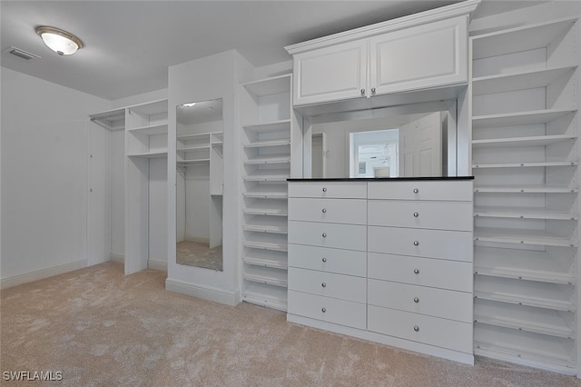 walk in closet with light carpet