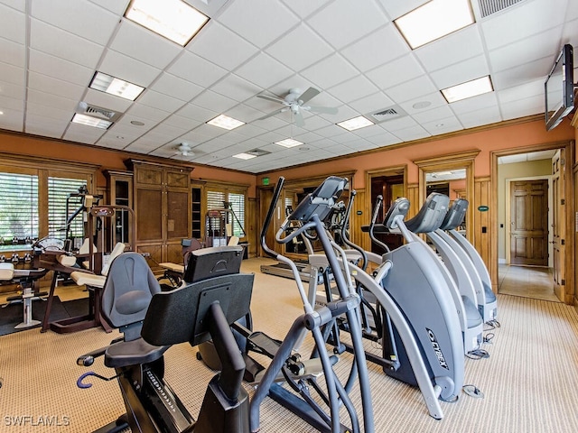 workout area with a drop ceiling, light colored carpet, and ceiling fan