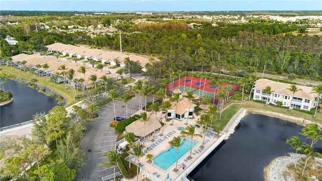 drone / aerial view featuring a water view