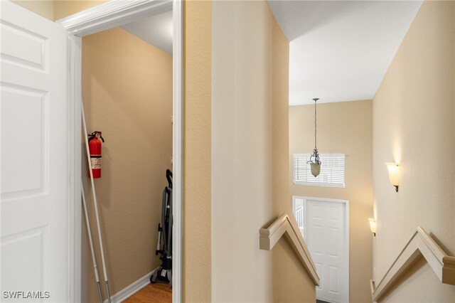 stairway with hardwood / wood-style flooring