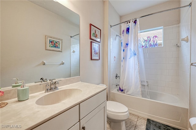 full bathroom with tile patterned flooring, toilet, vanity, and shower / bath combination with curtain