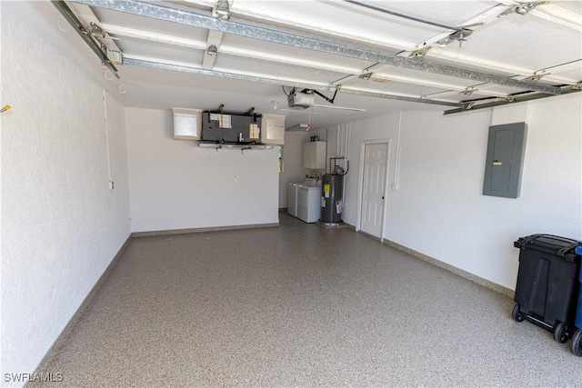 garage with electric panel, a garage door opener, electric water heater, washer and dryer, and water heater