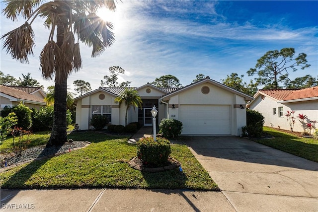 ranch-style home featuring a front lawn, concrete driveway, an attached garage, and stucco siding