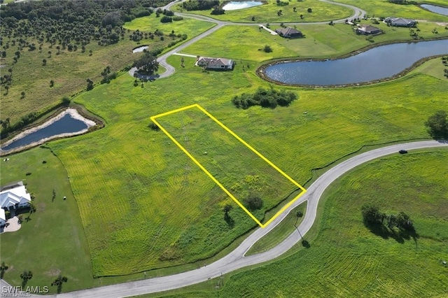 bird's eye view featuring a rural view and a water view