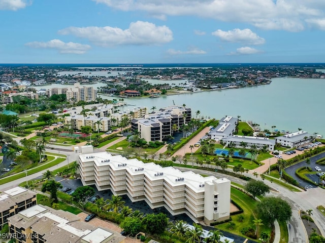 drone / aerial view with a water view