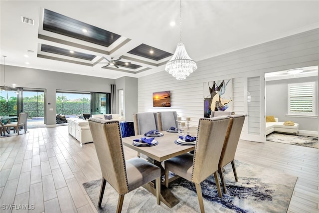 dining space featuring ornamental molding, coffered ceiling, wood walls, and light hardwood / wood-style flooring