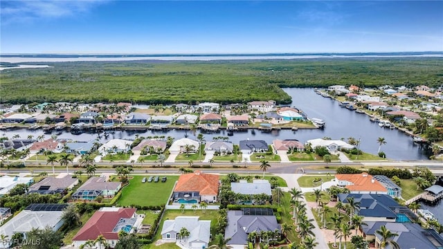 bird's eye view with a water view