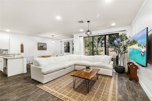 living room featuring sink and ornamental molding